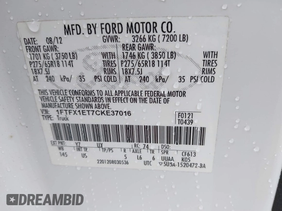 2012 Ford F-150 XL with VIN 1FTFX1ET7CKE37016, listed as a IAAI auction lot 41313215 with 98,180 mi miles. Bid and sale history available at carsss.com. Image 9.