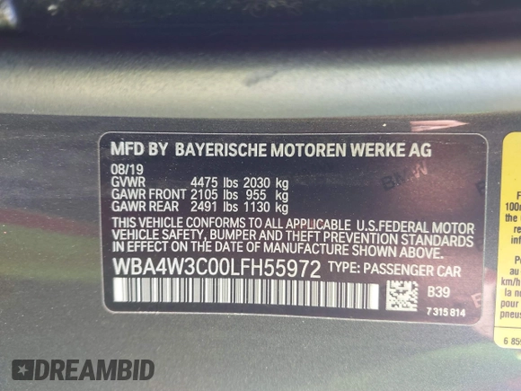 2020 BMW 4 Series 430i with VIN WBA4W3C00LFH55972, listed as a IAAI auction lot 41791042 with 30,325 mi miles. Bid and sale history available at carsss.com. Image 9.