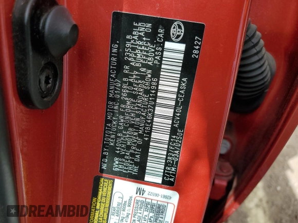 2007 Toyota Camry CE with VIN 4T1BE46K37U114986, listed as a Copart auction lot 49714845 with Not Provided miles and Salvage Title. Bid and sale history available at carsss.com. Image 13.