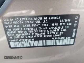 2016 Volkswagen Passat SE с VIN 1VWBT7A37GC029339, выставлен на аукционе IAAI как лот 42559687 с пробегом 217 524 миль миль и . История ставок и продаж доступна на DreamBid. Изображение 9.