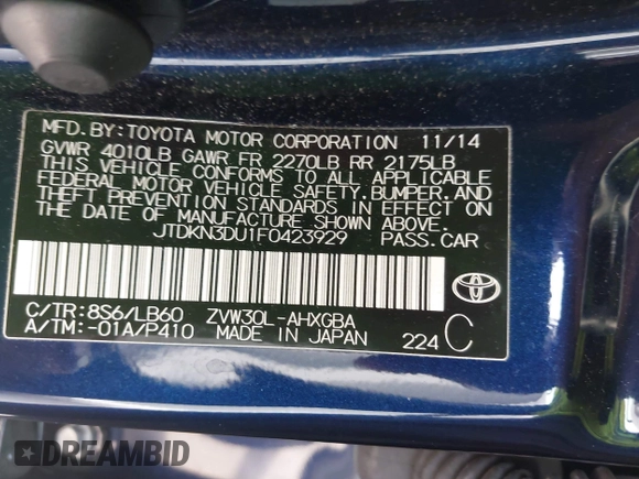 2015 Toyota Prius Four with VIN JTDKN3DU1F0423929, listed as a IAAI auction lot 41982427 with 43,882 mi miles. Bid and sale history available at carsss.com. Image 9.