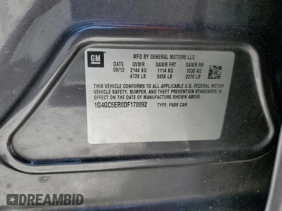 2013 Buick LaCrosse Leather with VIN 1G4GC5ER0DF170092, listed as a Copart auction lot 57487305 with 198,185 mi miles and Clean title. Bid and sale history available at DreamBid. Image 12.
