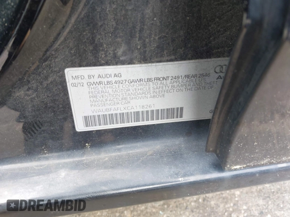 2012 Audi A4 Premium с VIN WAUBFAFLXCA118261, выставлен на аукционе IAAI как лот 42090602 с пробегом 124 817 миль миль и . История ставок и продаж доступна на DreamBid. Изображение 9.