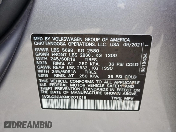 2022 Volkswagen Atlas SE with VIN 1V2LC2CAXNC201218, listed as a Copart auction lot 44107505 with 63,897 mi miles and Salvage title. Bid and sale history available at DreamBid. Image 14.