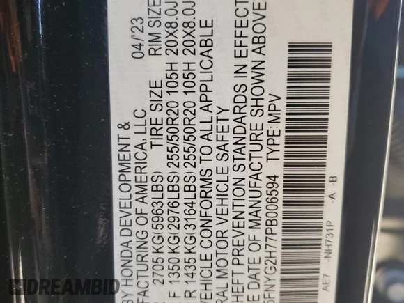 2023 Honda Pilot Touring with VIN 5FNYG2H77PB006594, listed as a Copart auction lot 83662854 with 37,637 mi miles and Salvage Title. Bid and sale history available at DreamBid. Image 15.