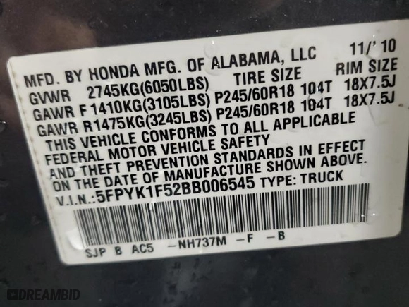 2011 Honda Ridgeline RTL with VIN 5FPYK1F52BB006545, listed as a Copart auction lot 50235045 with 207,050 mi miles and Salvage Title. Bid and sale history available at carsss.com. Image 12.