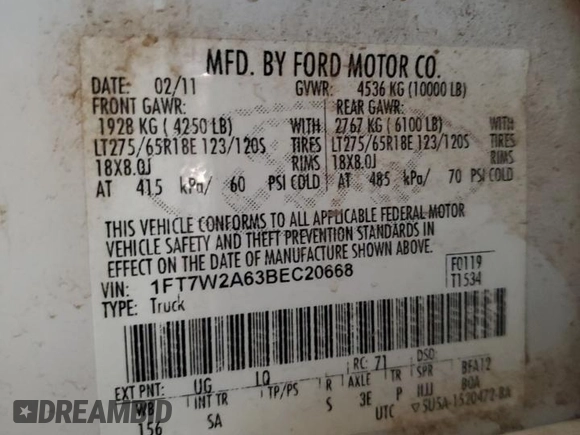 2011 Ford F-250 XL with VIN 1FT7W2A63BEC20668, listed as a Copart auction lot 43641435 with 157,120 mi miles and Salvage Title. Bid and sale history available at carsss.com. Image 12.
