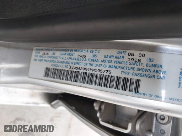 2000 Volkswagen Jetta GLS z VIN 3VWSA29M4YM195775, wystawiony jako IAAI lot #42131518 z przebiegiem 314 472 mil mil oraz . Historia ofert i sprzedaży dostępna na DreamBid. Obrazek 9.