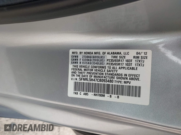 2012 Honda Odyssey EX with VIN 5FNRL5H47CB093480, listed as a IAAI auction lot 42067202 with 81,818 mi miles and . Bid and sale history available at carsss.com. Image 9.