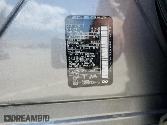 2021 Infiniti QX50 Luxe with VIN 3PCAJ5BA4MF108083, listed as a Copart auction lot 55128045 with 45,572 mi miles and Salvage title. Bid and sale history available at DreamBid. Image 13.
