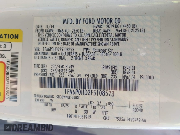 2015 Ford Fusion SE with VIN 1FA6P0HD2F5108523, listed as a IAAI auction lot 41894138 with 98,595 mi miles. Bid and sale history available at carsss.com. Image 9.