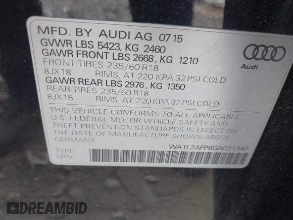 2016 Audi Q5 Premium Plus with VIN WA1L2AFP6GA021340, listed as a IAAI auction lot 42075938 with 47,248 mi miles. Bid and sale history available at carsss.com. Image 9.