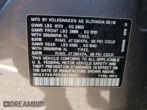 2016 Volkswagen Touareg Sport с VIN WVGEF9BP0GD012604, выставлен на аукционе Copart как лот 85132214 с пробегом 127 155 миль миль и Чистый • Clean title. История ставок и продаж доступна на DreamBid. Изображение 13.