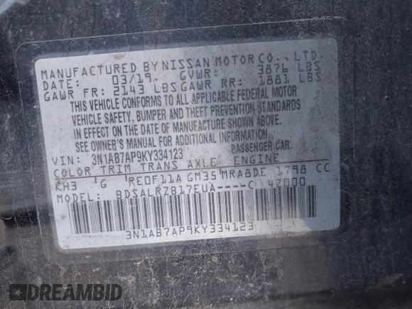 2019 Nissan Sentra SV z VIN 3N1AB7AP9KY334123, wystawiony jako IAAI lot #41663422 z przebiegiem 96 212 mil mil oraz . Historia ofert i sprzedaży dostępna na DreamBid. Obrazek 9.