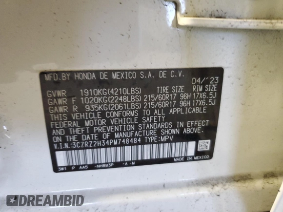 2023 Honda HR-V LX with VIN 3CZRZ2H34PM748484, listed as a Copart auction lot 56770995 with 7,505 mi miles and Salvage title. Bid and sale history available at DreamBid. Image 14.