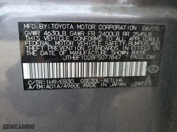 2015 Lexus IS 250 with VIN JTHBF1D28F5077847, listed as a Copart auction lot 45651795 with 107,812 mi miles and Salvage Title. Bid and sale history available at carsss.com. Image 13.