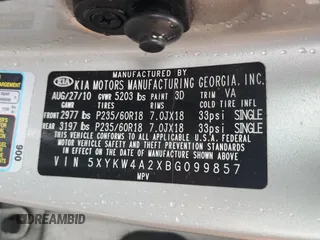 2011 Kia Sorento SX with VIN 5XYKW4A2XBG099857, listed as a Copart auction lot 56946015 with 195,457 mi miles and Salvage title. Bid and sale history available at DreamBid. Image 14.