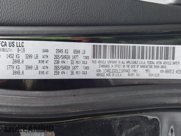 2020 Dodge Durango GT Plus z VIN 1C4RDJDG3LC107443, wystawiony jako IAAI lot #42266024 z przebiegiem 87 183 mil mil oraz . Historia ofert i sprzedaży dostępna na DreamBid. Obrazek 9.