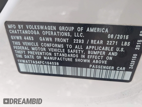 2015 Volkswagen Passat Limited Edition Edition with VIN 1VWAT7A34FC104038, listed as a IAAI auction lot 41941898 with 92,701 mi miles and . Bid and sale history available at DreamBid. Image 9.