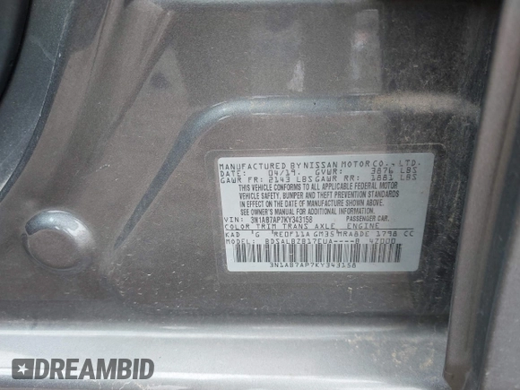 2019 Nissan Sentra SR with VIN 3N1AB7AP7KY343158, listed as a IAAI auction lot 41922003 with 75,066 mi miles and . Bid and sale history available at DreamBid. Image 9.