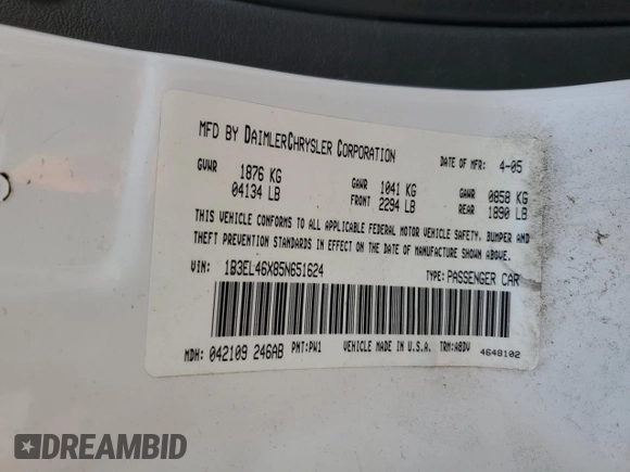 2005 Dodge Stratus SXT z VIN 1B3EL46X85N651624, wystawiony jako Copart lot #43610135 z przebiegiem 166 791 mil mil oraz Szkoda całkowita • Salvage title. Historia ofert i sprzedaży dostępna na DreamBid. Obrazek 12.