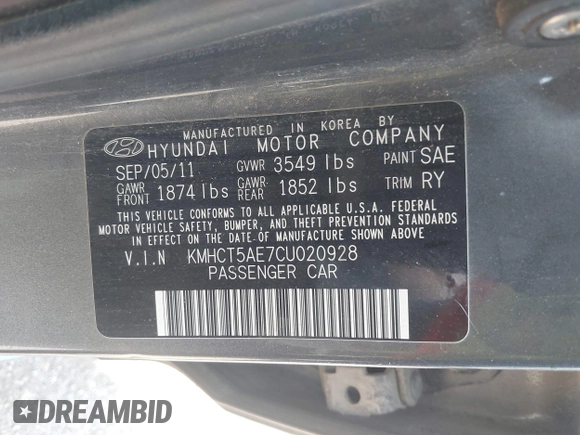 2012 Hyundai Accent GS z VIN KMHCT5AE7CU020928, wystawiony jako IAAI lot #42434854 z przebiegiem 184 491 mil mil oraz . Historia ofert i sprzedaży dostępna na DreamBid. Obrazek 9.