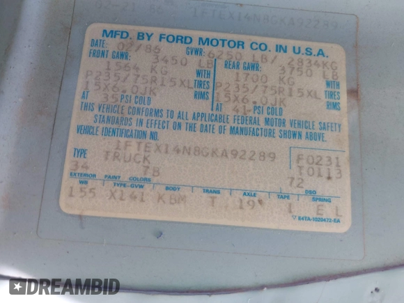 1986 Ford F-150 with VIN 1FTEX14N8GKA92289, listed as a IAAI auction lot 42089084 with 33,539 mi miles. Bid and sale history available at carsss.com. Image 9.