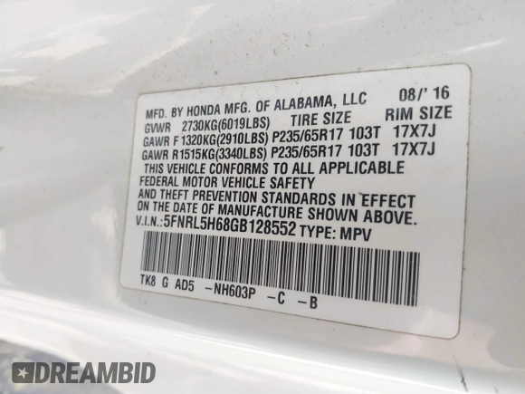 2016 Honda Odyssey EX-L with VIN 5FNRL5H68GB128552, listed as a IAAI auction lot 41947677 with 213,255 mi miles and . Bid and sale history available at DreamBid. Image 9.