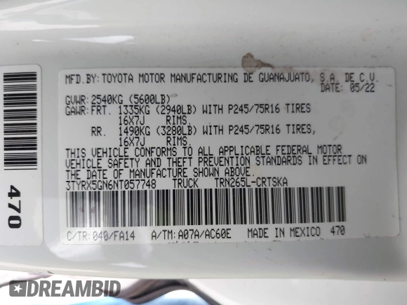 2022 Toyota Tacoma SR with VIN 3TYRX5GN6NT057748, listed as a IAAI auction lot 41238219 with 26,022 mi miles and . Bid and sale history available at DreamBid. Image 9.