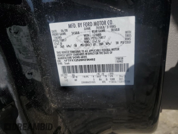 2008 Ford F-150 XL with VIN 1FTPX12528KE96492, listed as a Copart auction lot 50248825 with Not provided miles and Salvage title. Bid and sale history available at DreamBid. Image 12.