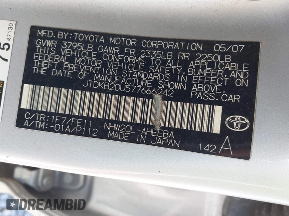 2007 Toyota Prius z VIN JTDKB20U577666242, wystawiony jako IAAI lot #42337902 z przebiegiem 212 233 mil mil oraz . Historia ofert i sprzedaży dostępna na DreamBid. Obrazek 9.