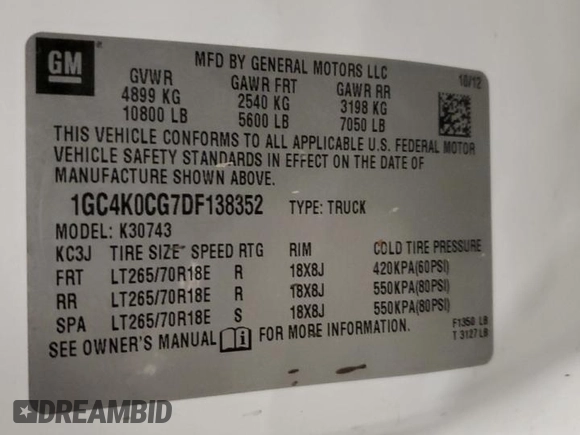 2013 Chevrolet Silverado 3500HD SRW LT with VIN 1GC4K0CG7DF138352, listed as a Copart auction lot 84374374 with 224,485 mi miles and Salvage Title. Bid and sale history available at carsss.com. Image 12.