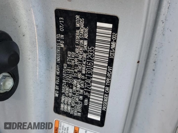 2013 Subaru BRZ Limited with VIN JF1ZCAC13D1612935, listed as a Copart auction lot 43124465 with 47,821 mi miles and Salvage Title. Bid and sale history available at carsss.com. Image 13.