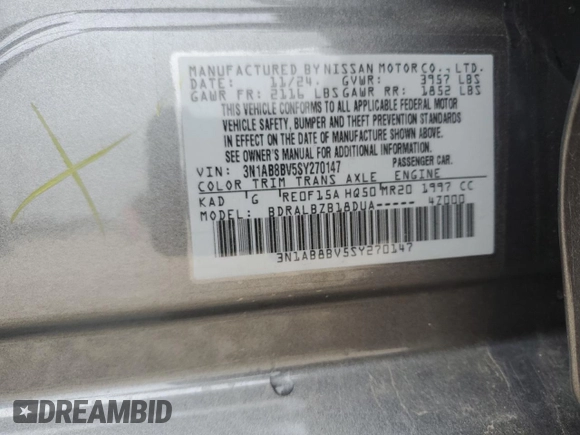2025 Nissan Sentra S with VIN 3N1AB8BV5SY270147, listed as a Copart auction lot 51860955 with 1,440 mi miles and Salvage Title. Bid and sale history available at DreamBid. Image 12.