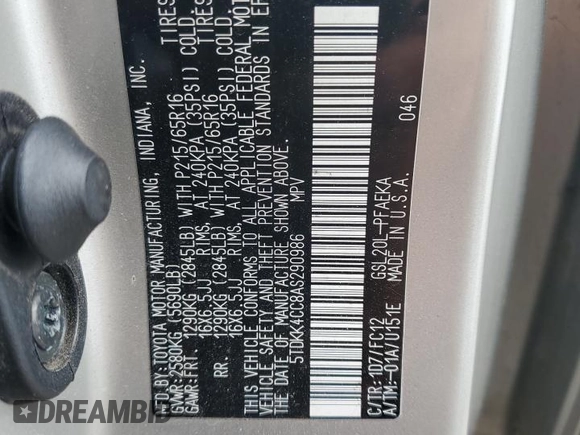 2010 Toyota Sienna CE with VIN 5TDKK4CC8AS290986, listed as a Copart auction lot 56163465 with 161,061 mi miles and Clean Title. Bid and sale history available at DreamBid. Image 13.
