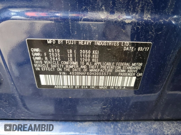 2017 Subaru Legacy Premium with VIN 4S3BNAF60H3055571, listed as a Copart auction lot 72813742 with 136,863 mi miles. Bid and sale history available at carsss.com. Image 12.