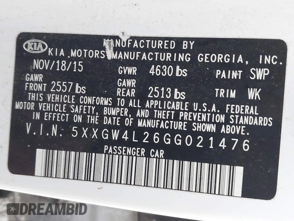 2016 Kia Optima SX Turbo with VIN 5XXGW4L26GG021476, listed as a IAAI auction lot 41737714 with 244,739 mi miles and . Bid and sale history available at carsss.com. Image 9.