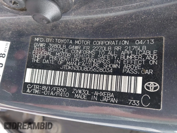 2013 Toyota Prius One z VIN JTDKN3DU8D5628034, wystawiony jako IAAI lot #42383865 z przebiegiem 218 167 mil mil oraz . Historia ofert i sprzedaży dostępna na DreamBid. Obrazek 9.