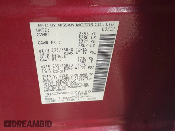 2019 Nissan Murano SL z VIN 5N1AZ2MSXKN122450, wystawiony jako IAAI lot #42193004 z przebiegiem 35 388 mil mil oraz . Historia ofert i sprzedaży dostępna na DreamBid. Obrazek 9.