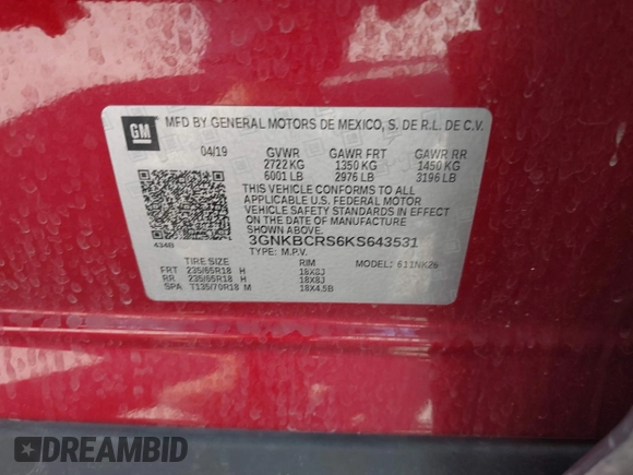 2019 Chevrolet Blazer z VIN 3GNKBCRS6KS643531, wystawiony jako IAAI lot #42308910 z przebiegiem 54 053 mil mil oraz . Historia ofert i sprzedaży dostępna na DreamBid. Obrazek 9.