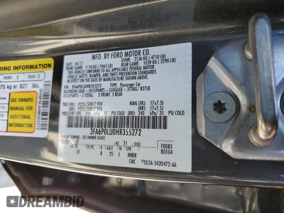 2017 Ford Fusion Hybrid SE with VIN 3FA6P0LU0HR355272, listed as a Copart auction lot 62834325 with 147,572 mi miles and Clean title. Bid and sale history available at DreamBid. Image 12.