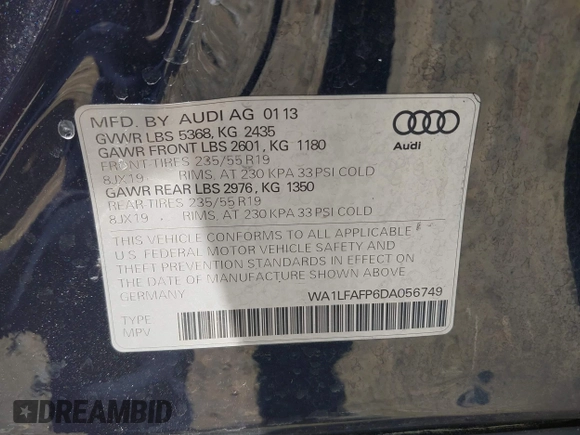 2013 Audi Q5 Premium Plus with VIN WA1LFAFP6DA056749, listed as a IAAI auction lot 42375088 with 90,019 mi miles and . Bid and sale history available at DreamBid. Image 9.