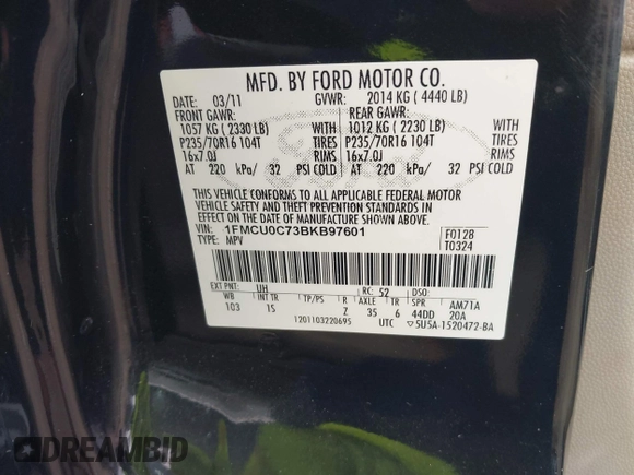 2011 Ford Escape XLS z VIN 1FMCU0C73BKB97601, wystawiony jako IAAI lot #42498599 z przebiegiem 243 282 mil mil oraz . Historia ofert i sprzedaży dostępna na DreamBid. Obrazek 9.