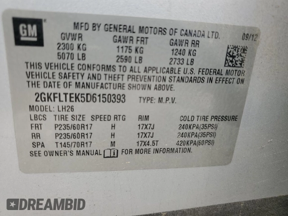 2013 GMC Terrain SLE with VIN 2GKFLTEK5D6150393, listed as a Copart auction lot 59914425 with 169,771 mi miles and Clean title. Bid and sale history available at DreamBid. Image 14.