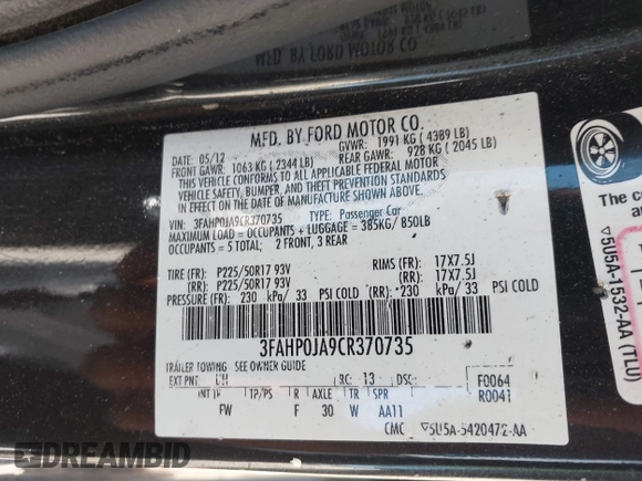 2012 Ford Fusion SEL with VIN 3FAHP0JA9CR370735, listed as a IAAI auction lot 42535356 with 186,624 mi miles and . Bid and sale history available at DreamBid. Image 9.