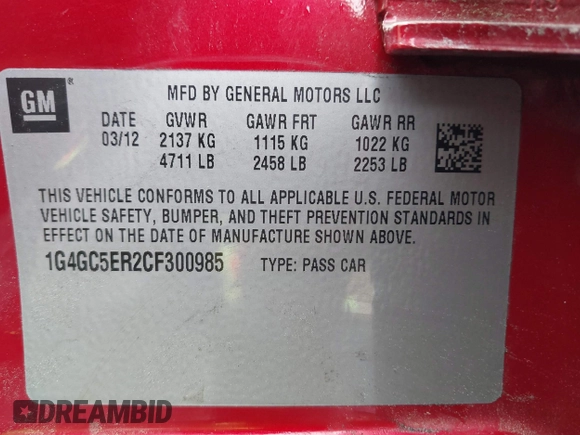2012 Buick LaCrosse Leather с VIN 1G4GC5ER2CF300985, выставлен на аукционе IAAI как лот 42099556 с пробегом 98 209 миль миль и . История ставок и продаж доступна на DreamBid. Изображение 9.