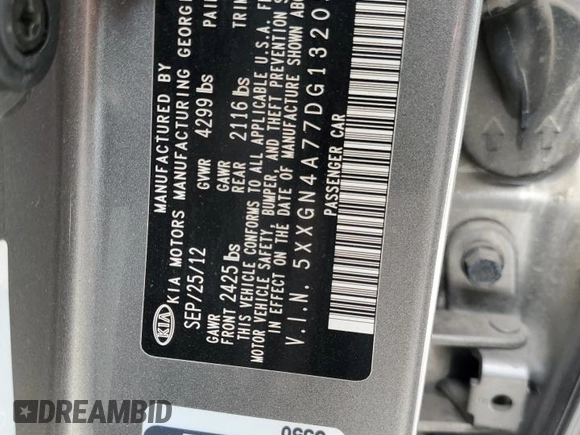 2013 Kia Optima EX with VIN 5XXGN4A77DG132051, listed as a Copart auction lot 60319735 with 200,119 mi miles and Salvage title. Bid and sale history available at DreamBid. Image 12.