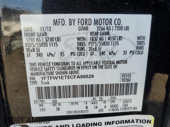 2012 Ford F-150 XL with VIN 1FTFW1ET5CFA99529, listed as a Copart auction lot 48192955 with 140,289 mi miles and Salvage Title. Bid and sale history available at carsss.com. Image 15.