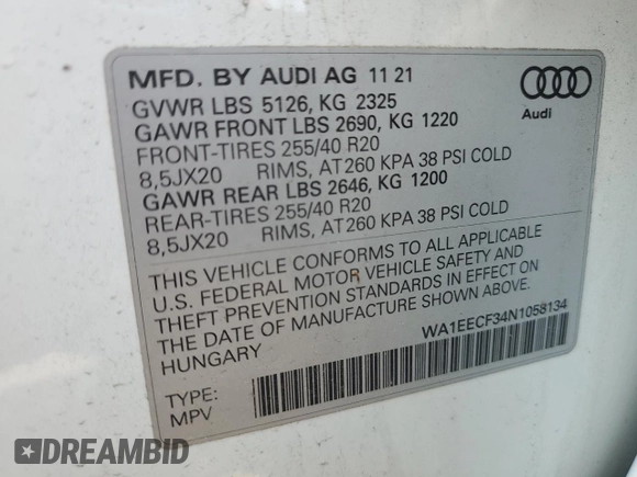 2022 Audi Q3 S line Premium Plus with VIN WA1EECF34N1058134, listed as a Copart auction lot 58793655 with 49,220 mi miles and Salvage title. Bid and sale history available at DreamBid. Image 14.