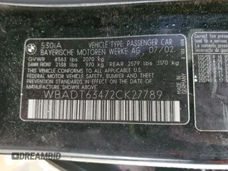 2002 BMW 5 Series 530i with VIN WBADT63472CK27789, listed as a Copart auction lot 51576315 with 195,482 mi miles and Salvage Title. Bid and sale history available at DreamBid. Image 12.